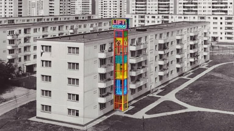 Montage digital cu un lift exterior modern și colorat, instalat pe fațada unui bloc de locuințe cu patru etaje din perioada comunistă, pentru îmbunătățirea accesibilității.