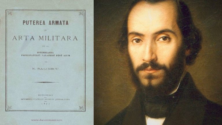 Portretul lui Nicolae Bălcescu alături de coperta cărții sale „Puterea armată și arta militară”, ediția din 1872.