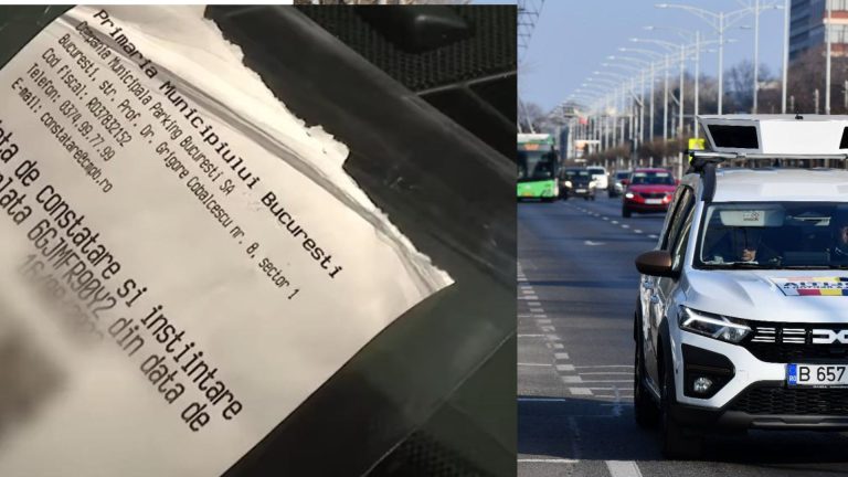 Mașină de monitorizare video a parcărilor publice din București lângă o notă de constatare pentru neplata parcării emisă de Primăria Capitalei.