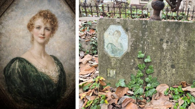 Portret pictat al unei tinere femei cu păr blond roșcat și rochie verde smarald, prezentat alături de fotografia originală deteriorată de pe mormântul său vechi din cimitir.