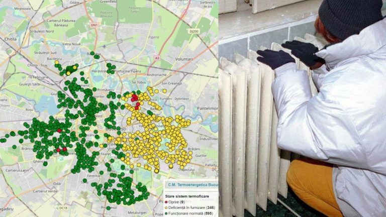 Hartă interactivă a avariilor Termoenergetica București cu puncte verzi, galbene și roșii, alături de o persoană în haine de iarnă care stă lângă un calorifer rece.