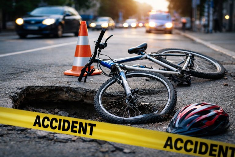 Accident rutier cu bicicletă căzută într-o groapă pe carosabil, zonă semnalizată cu bandă de avertizare