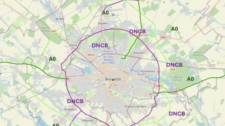 Hartă infrastructură rutieră București cu Autostrada A0 și DN Centura București (DNCB)