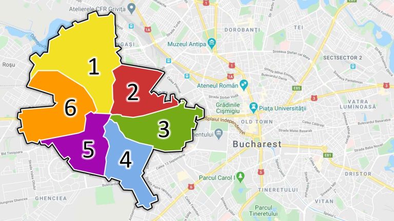 Hartă administrativă a Bucureștiului colorată pe sectoare, numerotată de la 1 la 6, suprapusă pe o hartă Google Maps a orașului.
