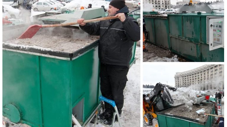 O mașină industrială de culoare verde utilizată pentru topirea rapidă a zăpezii în zone urbane, operată de personal calificat cu ajutorul unui utilaj de încărcare JCB.