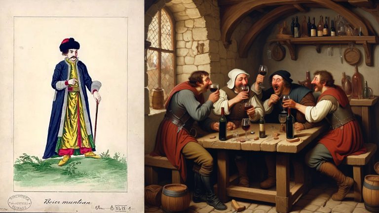 Petrecere medievală într-o tavernă, bărbați în costume istorice ciocnind pahare cu vin, alături de ilustrație tradițională est-europeană