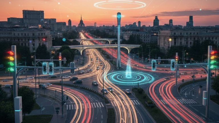 Sistem inteligent de semaforizare cu inteligență artificială într-o intersecție aglomerată din București, optimizând traficul urban