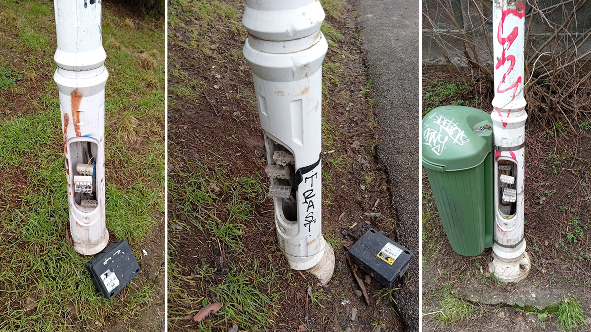 Cutiile de conexiuni expuse și deteriorate la baza unor stâlpi de iluminat stradali, cu capacele căzute și firele vizibile.