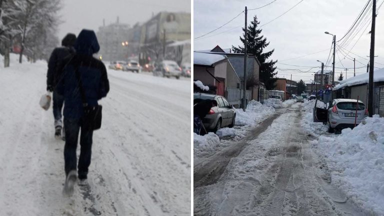 Străzi nedeszăpezite din București, cu trotuare și carosabil acoperite de zăpadă, pietoni și mașini circulând cu dificultate