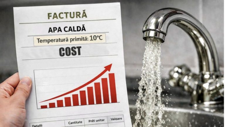O mână ținând o factură de apă caldă cu textul "Temperatură primită: 10°C" lângă un robinet din care curge apă, simbolizând costuri mari pentru servicii neadecvate.