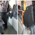 Pasageri într-un autobuz aglomerat, persoane în picioare cu rucsacuri în transportul public urban.