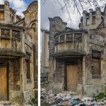 Fațada degradată a Casei Pompiliu Eliade din București, monument istoric în stil Art Nouveau cu detalii arhitecturale ruinate și ferestre baricadate.