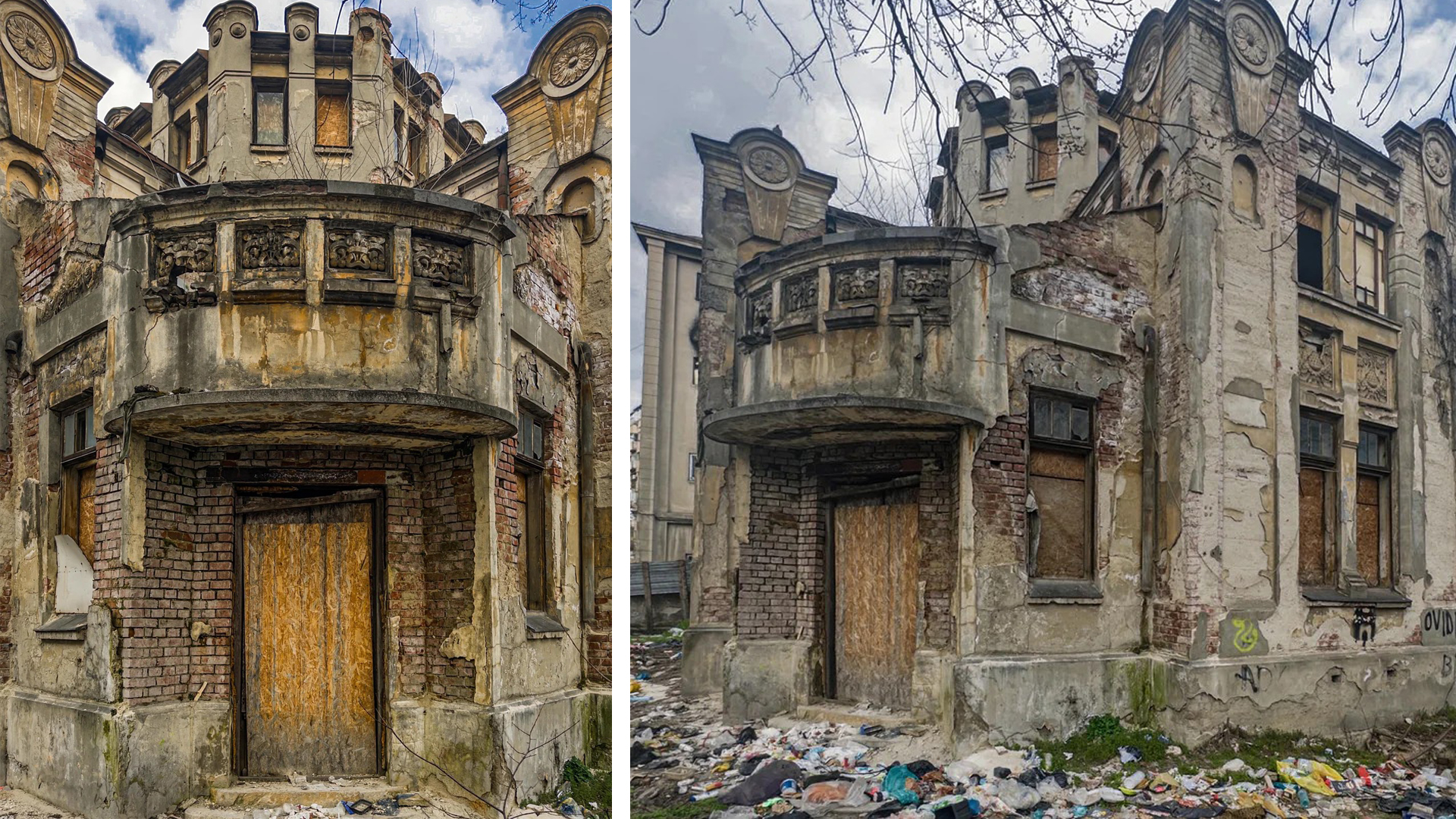 Fațada degradată a Casei Pompiliu Eliade din București, monument istoric în stil Art Nouveau cu detalii arhitecturale ruinate și ferestre baricadate.