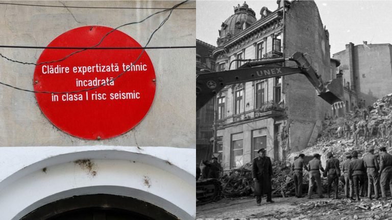 Placă roșie de avertizare risc seismic clasa I pe fațada unei clădiri vechi, alături de demolarea unei clădiri istorice avariate