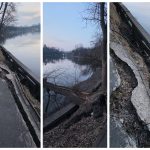 Alee pietonală crăpată pe malul râului, cu asfalt deteriorat și copac căzut după eroziunea terenului