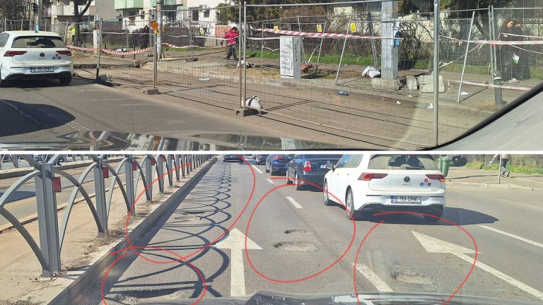 ropi adânci în asfalt pe o șosea din București lângă un șantier abandonat Termoenergetica delimitat de garduri metalice