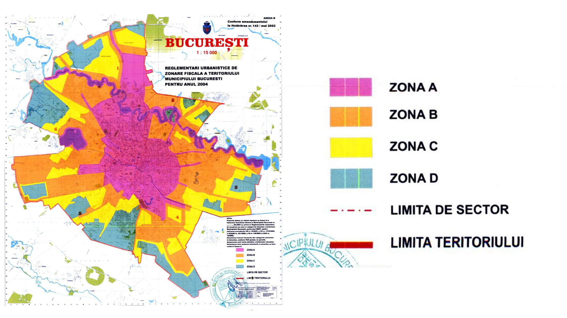 Hartă oficială a Municipiului București cu împărțirea pe zone fiscale A, B, C și D, indicând limitele de sector și reglementările urbanistice.