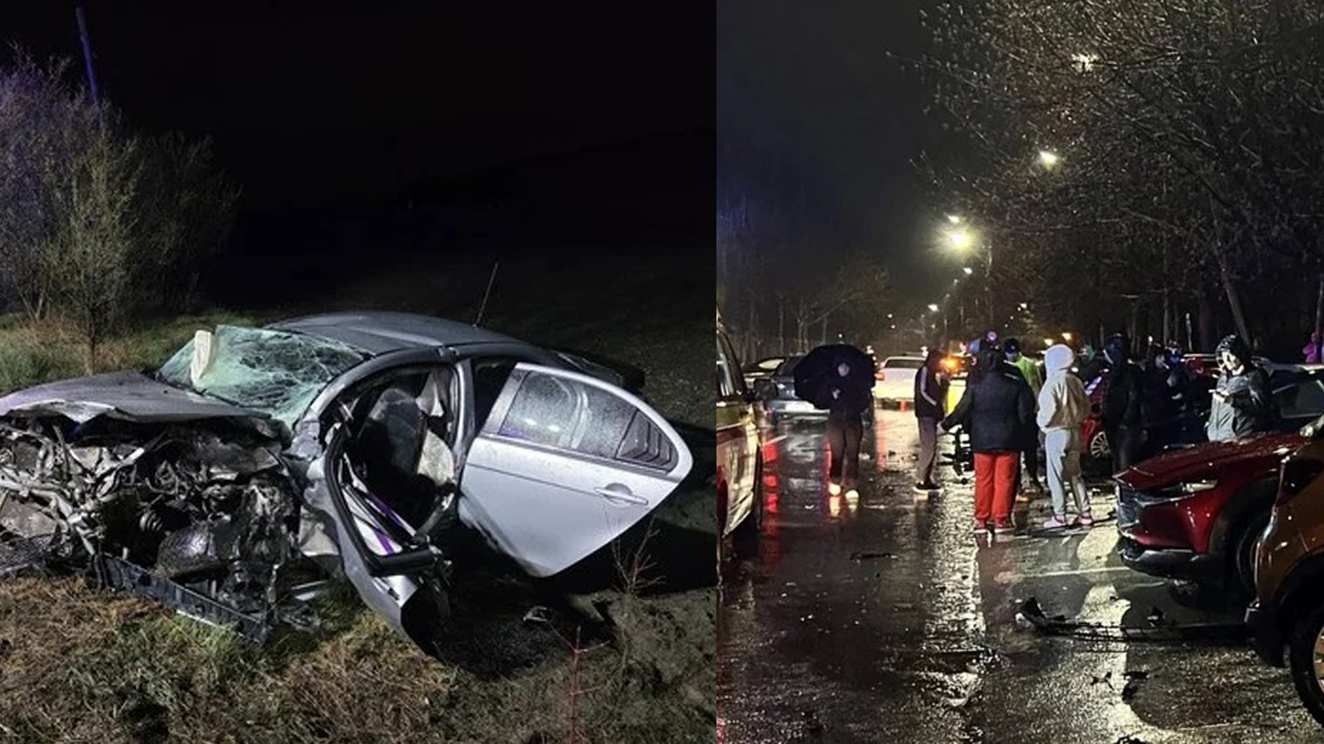 Accident rutier grav noaptea pe carosabil umed cu mașini avariate și persoane la fața locului