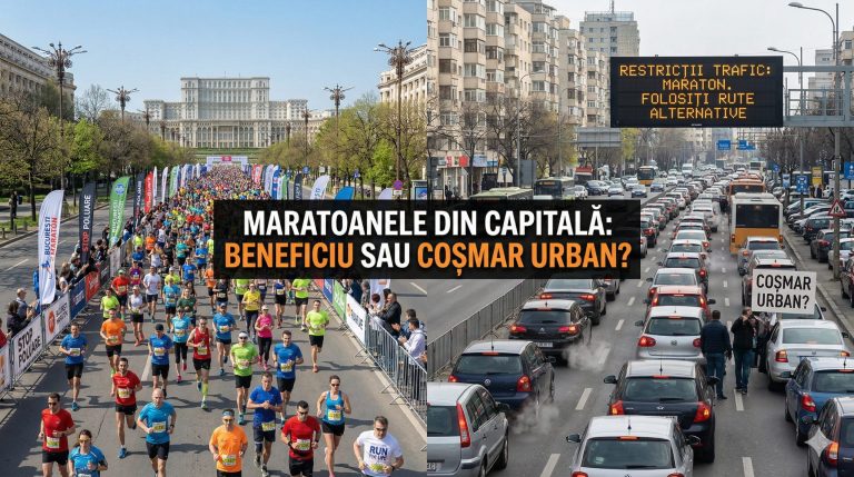 Compoziție vizuală split-screen care compară un maraton aglomerat pe Bulevardul Unirii din București cu un ambuteiaj masiv cauzat de restricțiile de trafic, ilustrând dilema urbană.