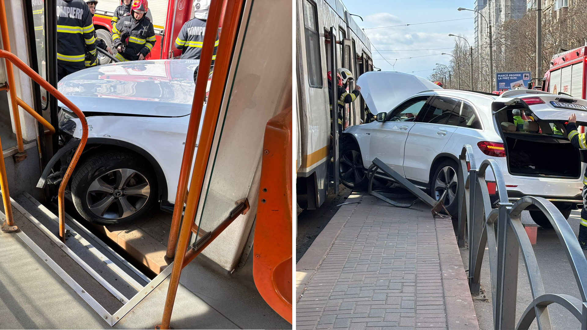 Accident rutier grav în București: un SUV alb Mercedes-Benz a lovit un refugiu de tramvai și a rămas blocat în ușa unui tramvai STB, cu pompierii intervenind la fața locului.
