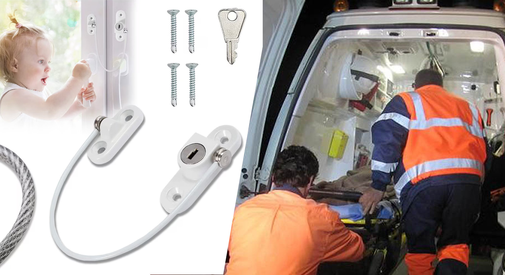 Limitator de deschidere fereastră cu cheie pentru protecția copiilor, prezentat alături de o scenă cu personal medical de urgență.