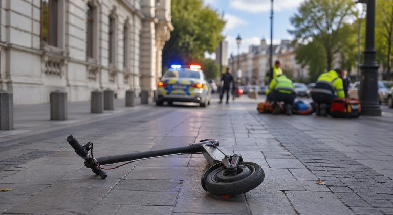 Trotinetă electrică căzută pe trotuar după accident, cu echipaje de poliție și paramedici intervenind în București