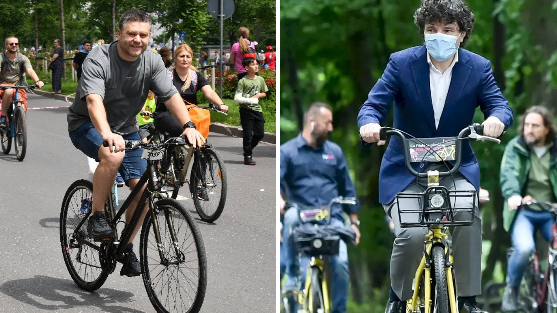 Doi bărbați mergând pe bicicletă într-un parc urban, în timpul unui eveniment public în aer liber