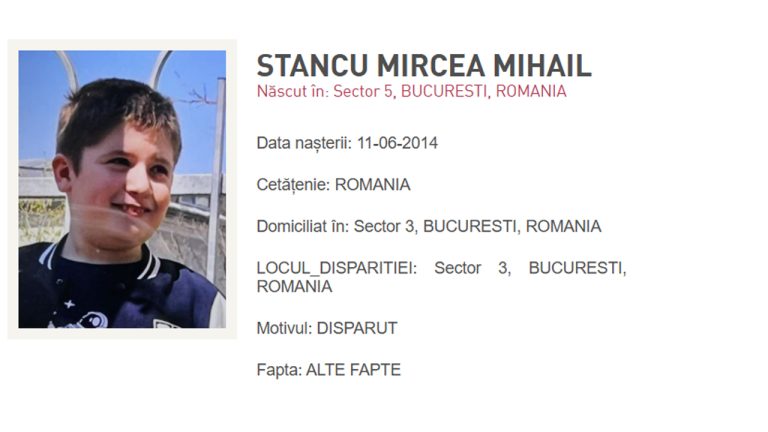 Copil dispărut Stancu Mircea Mihail București Sector 3 fotografie identificare minor dispărut