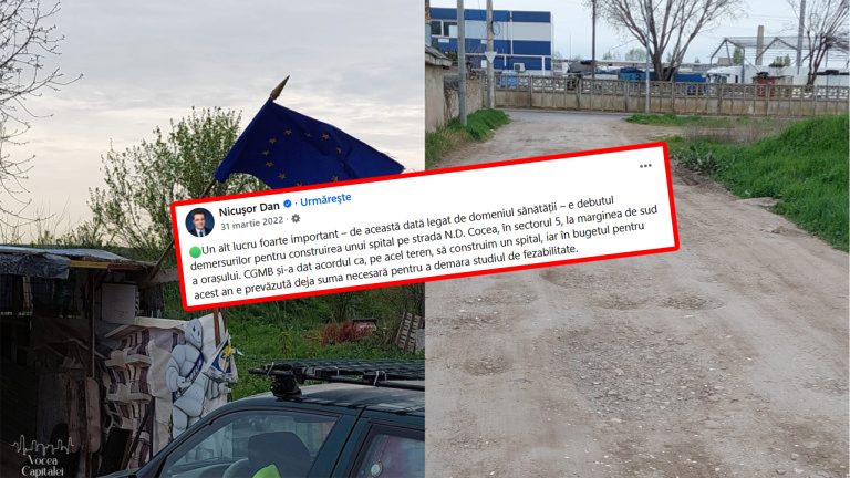 Colaj foto cu terenul de pe strada N.D. Cocea din Sectorul 5 și captura unei postări despre promisiunea construirii unui spital în București