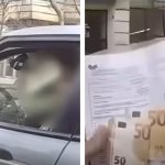 Femeie într-o mașină pe o stradă din București, în timp ce o persoană ține documente și bancnote de 50 de euro lângă portiera autoturismului
