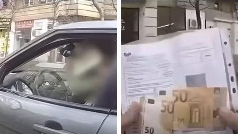 Femeie într-o mașină pe o stradă din București, în timp ce o persoană ține documente și bancnote de 50 de euro lângă portiera autoturismului