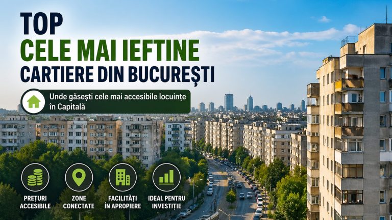 Top cele mai ieftine cartiere din București cu blocuri rezidențiale și skyline urban