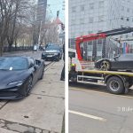 Ferrari SF90 Stradale negru mat ridicat de platforma Poliției Locale Sector 1 pe Bulevardul Ion Mihalache din București deoarece bloca linia de tramvai.