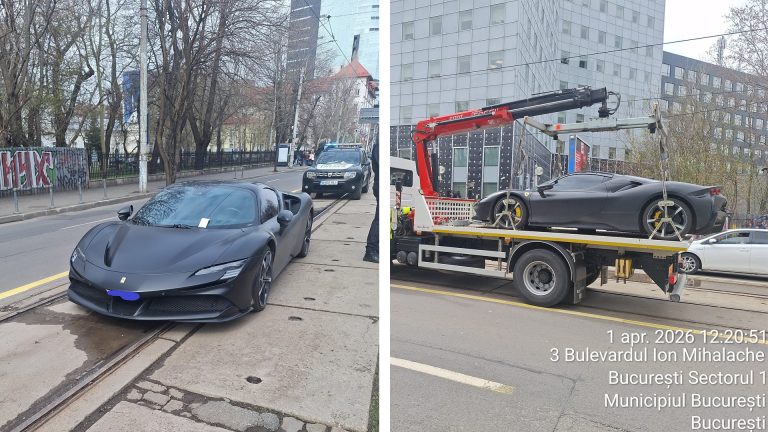 Ferrari SF90 Stradale negru mat ridicat de platforma Poliției Locale Sector 1 pe Bulevardul Ion Mihalache din București deoarece bloca linia de tramvai.