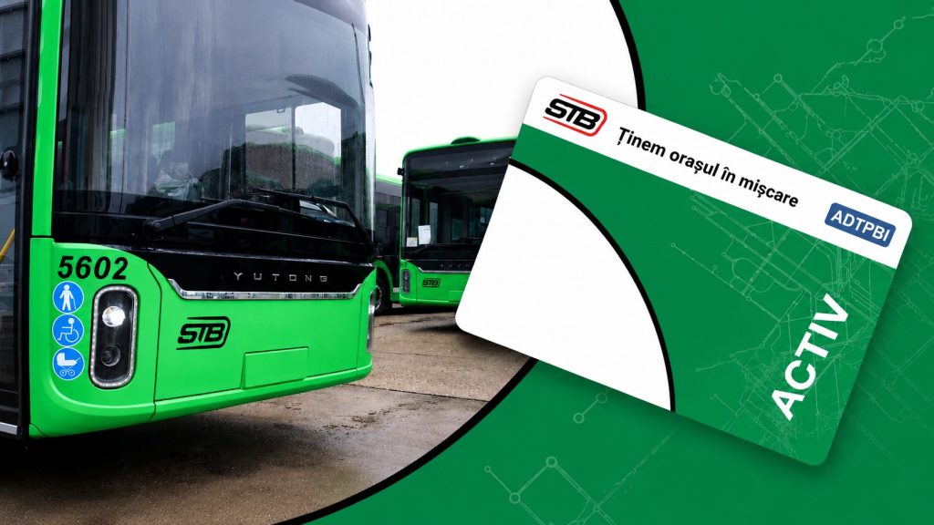 Autobuze verzi STB și card de călătorie Activ prezentate într-o imagine promoțională pentru transportul public din București.