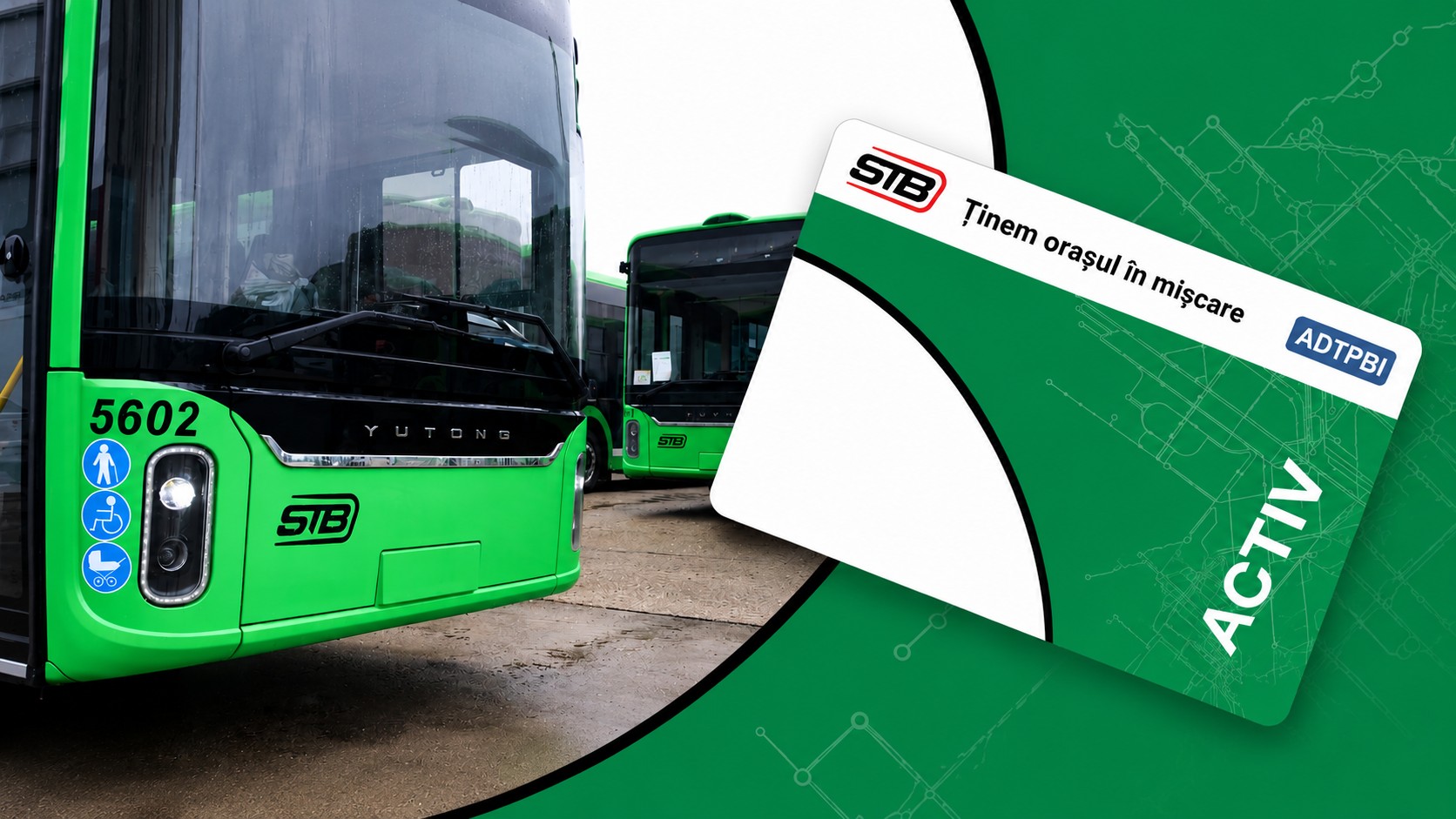 Autobuze verzi STB și card de călătorie Activ prezentate într-o imagine promoțională pentru transportul public din București.
