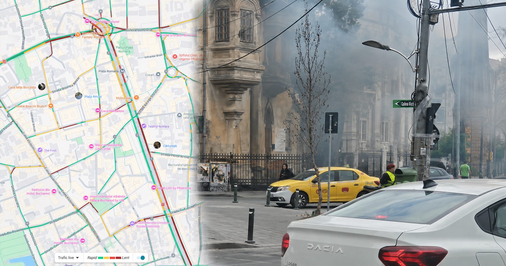 Incendiu cu fum dens în zona Piața Romană din București, provocat de arderea cablurilor electrice subterane, cu trafic afectat și intervenție în centrul orașului.