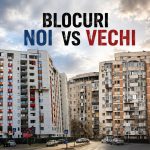 Comparație între blocuri noi și blocuri vechi din București, evidențiind diferențele de arhitectură, eficiență energetică și aspect urban.