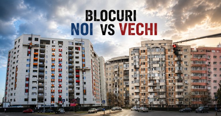 Comparație între blocuri noi și blocuri vechi din București, evidențiind diferențele de arhitectură, eficiență energetică și aspect urban.