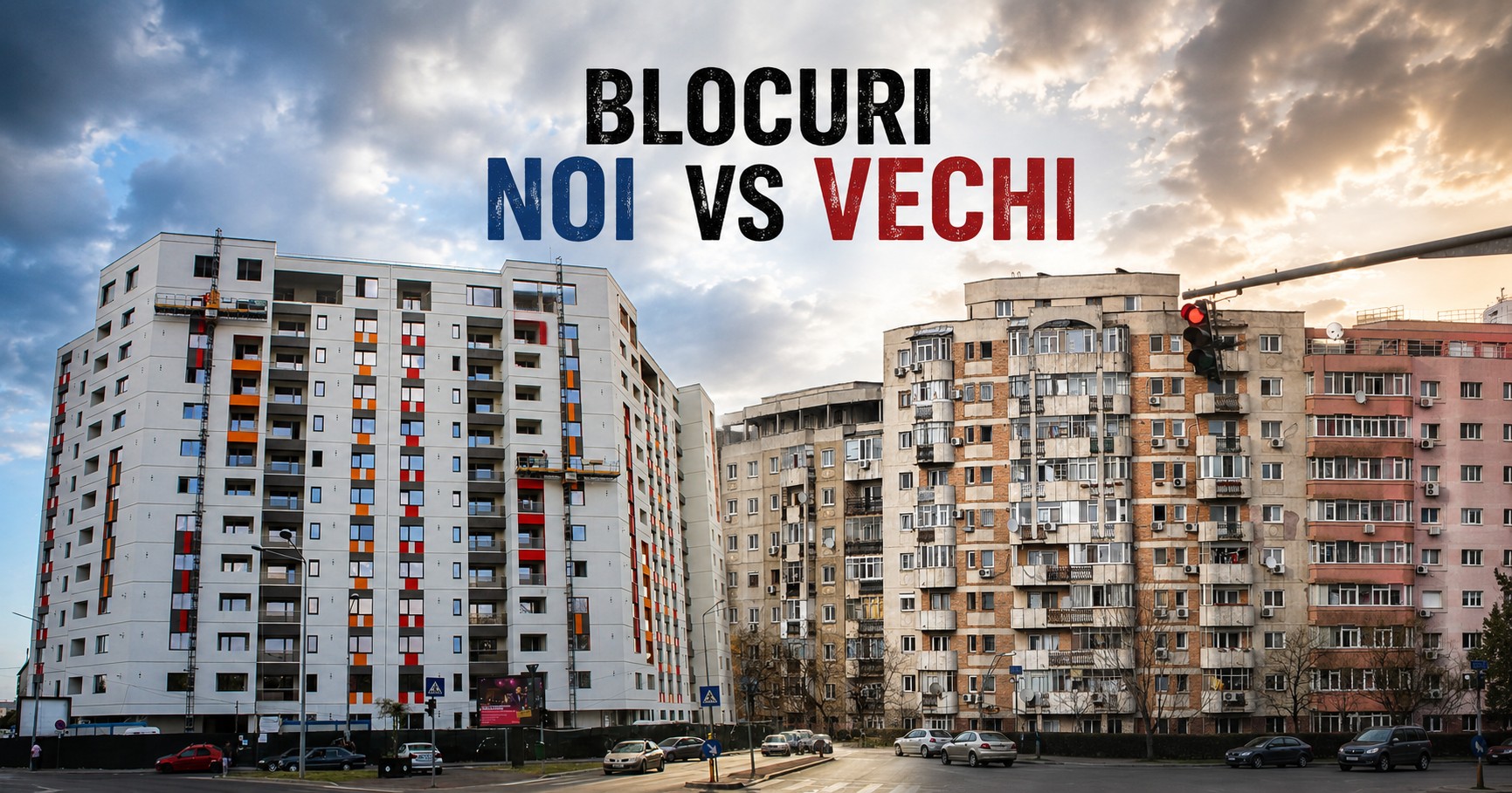 Comparație între blocuri noi și blocuri vechi din București, evidențiind diferențele de arhitectură, eficiență energetică și aspect urban.