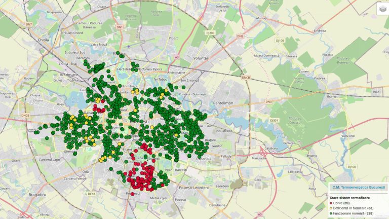 Hartă București cu puncte colorate ce indică starea sistemului de termoficare – funcționare normală, defecțiuni și opriri