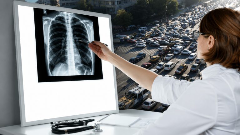 Medic analizând o radiografie pulmonară în contextul traficului urban intens și al poluării aerului, evidențiind impactul asupra sănătății respiratorii.