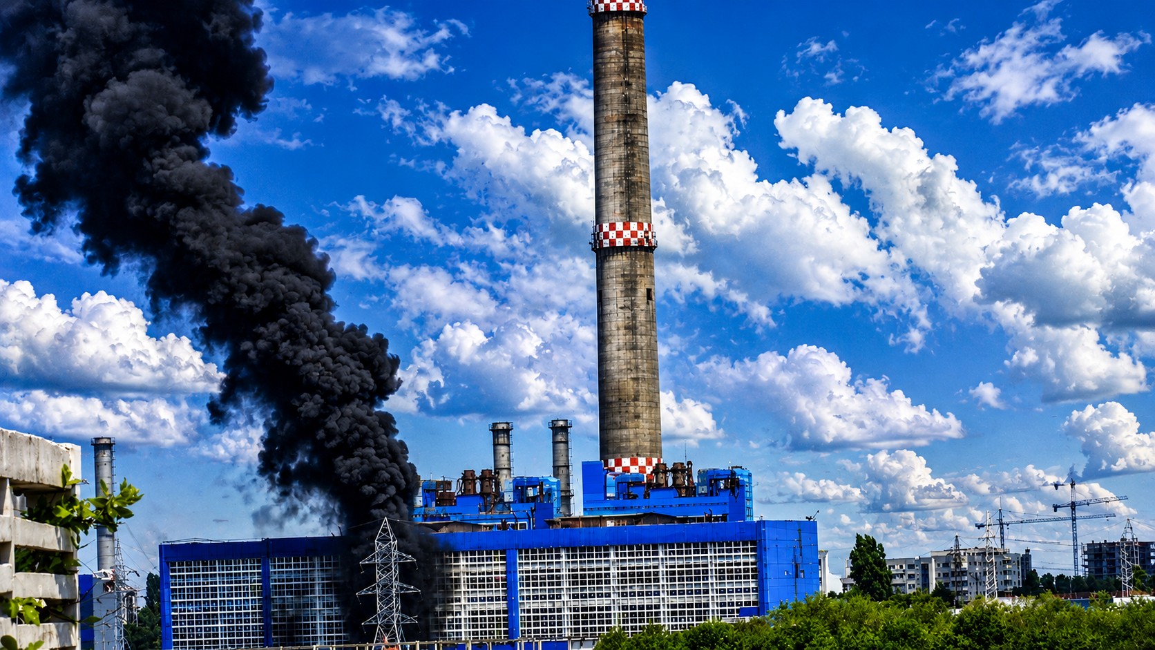 Incendiu puternic la CET Vest, cu fum dens negru ridicându-se deasupra centralei industriale și coșului de fum, pe un cer albastru cu nori.