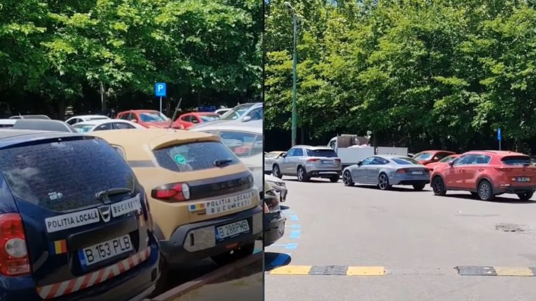 Mașini ale Poliției Locale București parcate într-o parcare publică, lângă alte autoturisme, într-o zonă urbană cu vegetație abundentă.