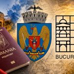 Pașaport românesc cu stema României și logo București pe fundal urban la apus