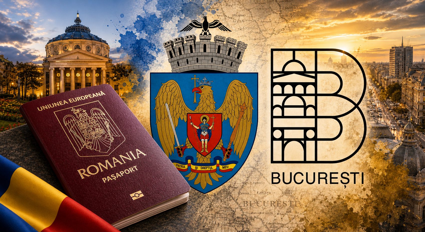 Pașaport românesc cu stema României și logo București pe fundal urban la apus