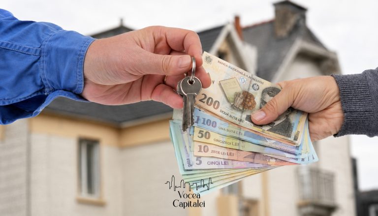 Persoană care oferă cheile unei locuințe în schimbul unei sume de bani în lei românești, simbolizând plata chiriei sau tranzacțiile imobiliare în România.