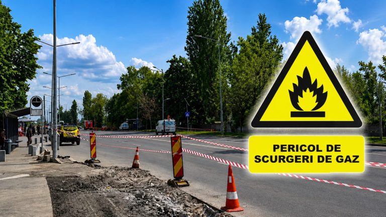 Pericol de scurgeri de gaz pe Șoseaua Berceni, zonă restricționată cu semne de avertizare și lucrări rutiere în București.