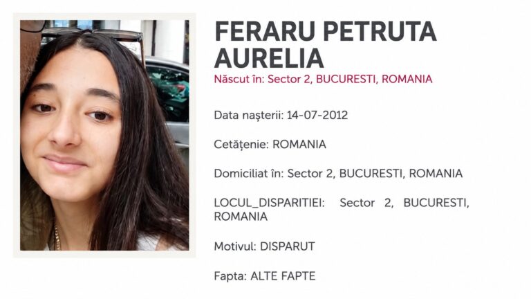 Alertă copil dispărut în București – fotografie și date de identificare ale unei minore dispărute din Sectorul 2, România.