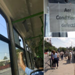 Tramvai STB fără aer condiționat în timpul caniculei, cu afiș „Aer condiționat defect” și călători afectați de temperaturile ridicate.